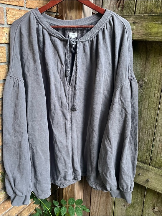 aerie Tops - Aerie Oversized Gray Lightweight Tie-Neck Pullover Sweatshirt